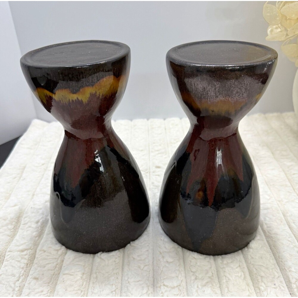 Vintage Pier 1 Imports Drip Glaze Ceramic Candlestick Holders Set of 2 Brown